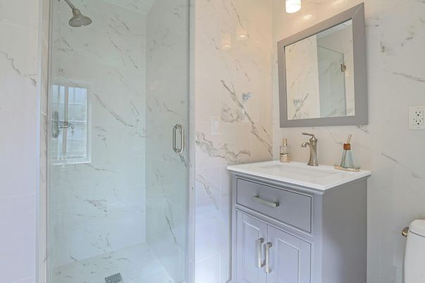Bathroom, Glass Shower, Interior, Marble Walls