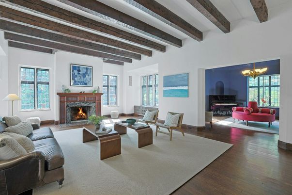 Chandelier, Fireplace, Interior, Living room, Piano, Wooden Beams, Wood Texture Flooring
