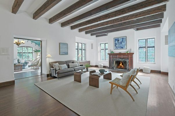 Chandelier, Fireplace, Interior, Living room, Wooden Beams, Wood Texture Flooring