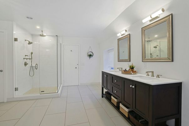 Bathroom, Dual Sink Vanities, Glass Shower, Interior, Recessed Lighting