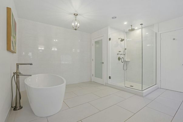 Bathroom, Free Standing Baths, Glass Shower, Interior, Recessed Lighting
