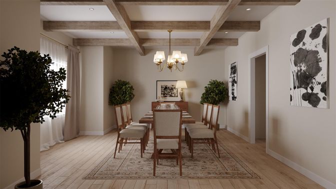 Chandelier, Dining room, Interior, Recessed Lighting, Wooden Beams, Wood Texture Flooring
