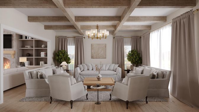 Chandelier, Fireplace, Interior, Living room, Wooden Beams, Wood Texture Flooring