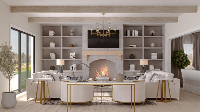 Fireplace, Home Office, Interior, Living room, Pendant Lights, Wooden Beams, Wood Texture Flooring