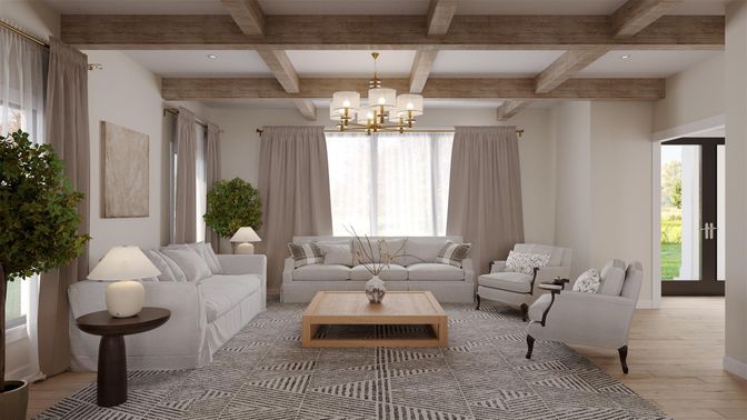 Chandelier, Interior, Living room, Recessed Lighting, Wooden Beams, Wood Texture Flooring