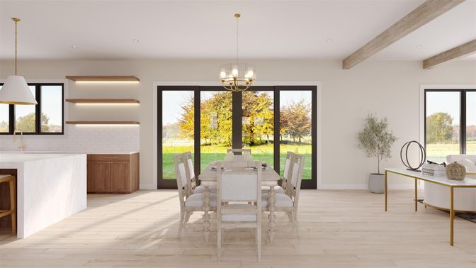 Dining room, Interior, Pendant Lights, Recessed Lighting, Wooden Beams, Wood Texture Flooring