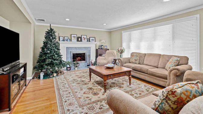 Fireplace, Interior, Living room, Recessed Lighting, Wood Texture Flooring
