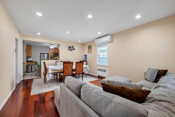 Dining room, Interior, Living room, Recessed Lighting, Wood Texture Flooring