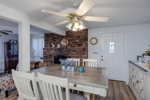 Dining room, Fireplace, Interior, Stone Walls, Wood Texture Flooring