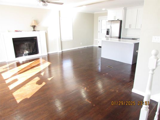 Fireplace, Interior, Kitchen, Recessed Lighting, Wood Texture Flooring