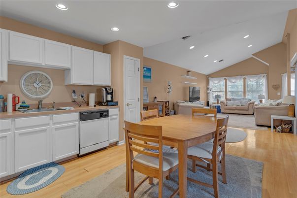 Dining room, Interior, Kitchen, Living room, Recessed Lighting, Wood Texture Flooring