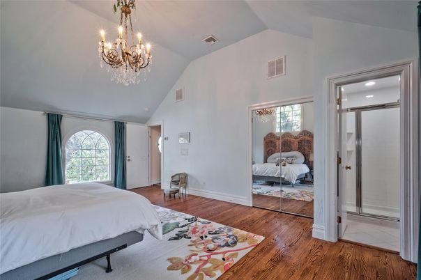 Bedroom, Chandelier, Interior, Wood Texture Flooring