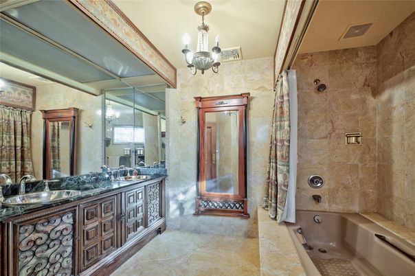 Bathroom, Chandelier, Dual Sink Vanities, Glass Shower, Interior