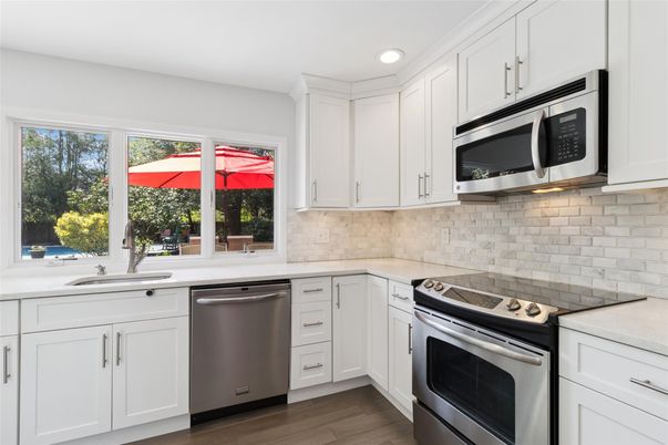 Interior, Kitchen, Recessed Lighting, Stainless Steel Appliances, Wood Texture Flooring