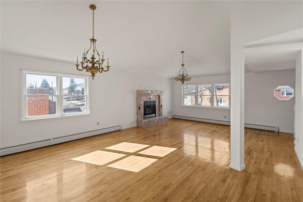 Chandelier, Empty room, Fireplace, Interior, Wood Texture Flooring