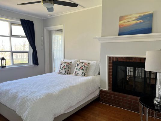 Bedroom, Fireplace, Interior, Wood Texture Flooring
