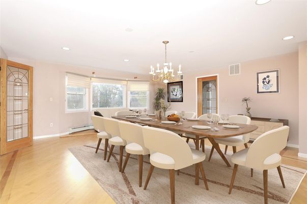 Chandelier, Dining room, Interior, Pendant Lights, Recessed Lighting, Wood Texture Flooring
