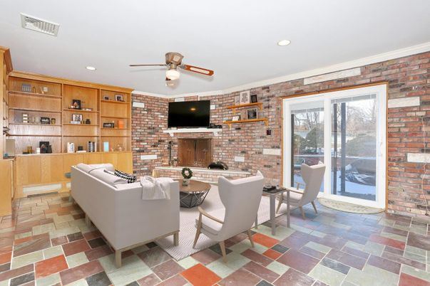 Dining room, Fireplace, Interior, Living room, Recessed Lighting, Stone Walls
