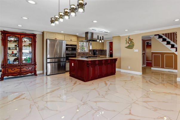 Interior, Kitchen, Marble, Recessed Lighting, Stainless Steel Appliances