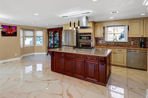 Interior, Kitchen, Marble, Recessed Lighting, Stainless Steel Appliances