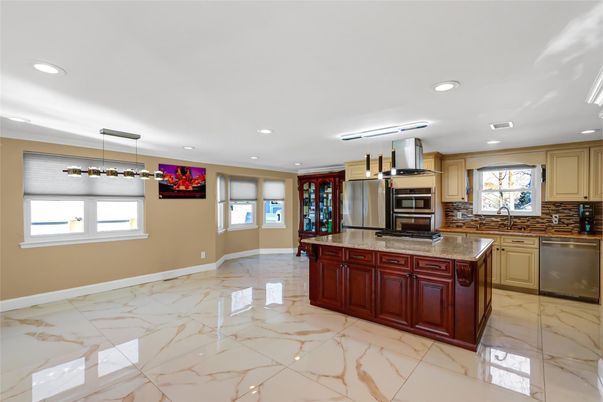 Interior, Kitchen, Marble, Pendant Lights, Recessed Lighting, Stainless Steel Appliances