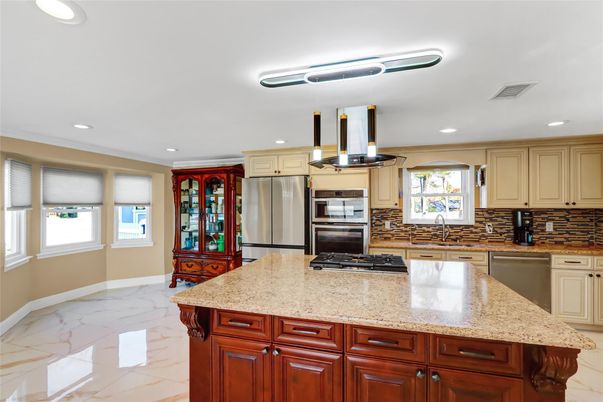 Interior, Kitchen, Marble, Recessed Lighting, Stainless Steel Appliances
