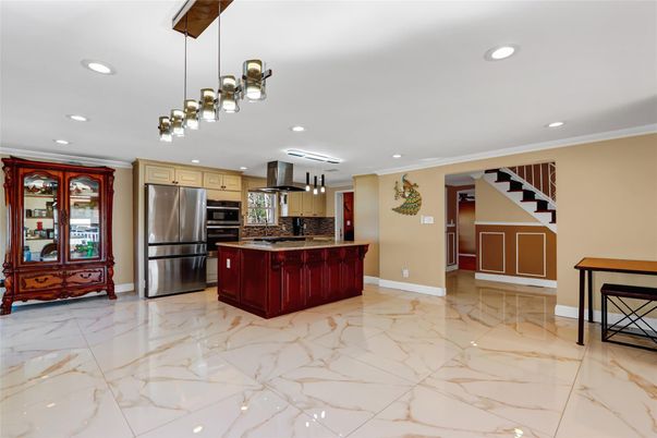 Interior, Kitchen, Marble, Pendant Lights, Recessed Lighting, Stainless Steel Appliances