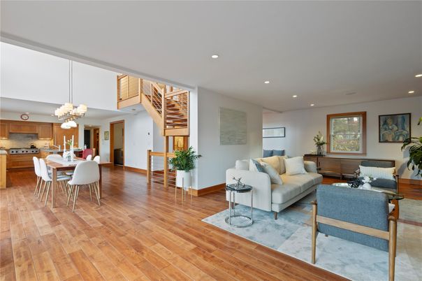 Chandelier, Dining room, Interior, Kitchen, Living room, Recessed Lighting, Wood Texture Flooring