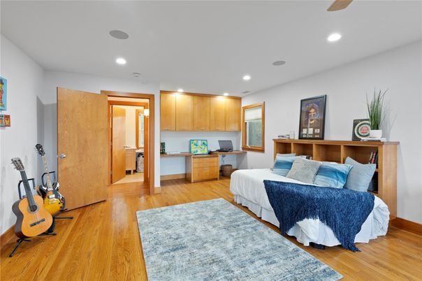 Bedroom, Interior, Recessed Lighting, Wood Texture Flooring