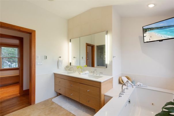 Bathroom, Dual Sink Vanities, Interior, Recessed Lighting, Wood Texture Flooring