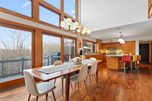 Chandelier, Dining room, Interior, Kitchen, Recessed Lighting, Wood Texture Flooring