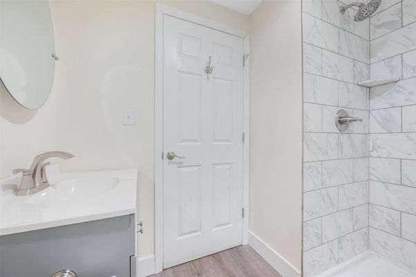 Bathroom, Interior, Marble Walls, Wood Texture Flooring