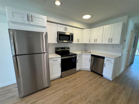Interior, Kitchen, Recessed Lighting, Stainless Steel Appliances, Wood Texture Flooring