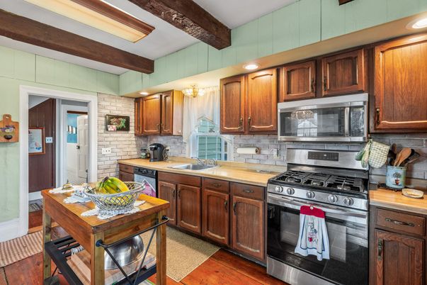 Interior, Kitchen, Recessed Lighting, Stainless Steel Appliances, Stone Walls, Wooden Beams, Wood Texture Flooring