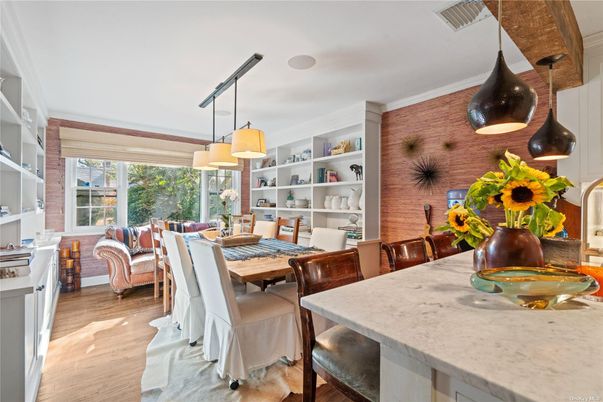 Dining room, Interior, Pendant Lights, Stone Walls, Wood Texture Flooring