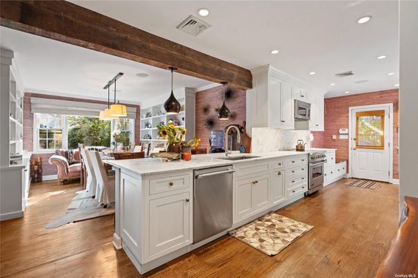 Dining room, Interior, Kitchen, Pendant Lights, Recessed Lighting, Stainless Steel Appliances, Stone Walls, Wood Texture Flooring