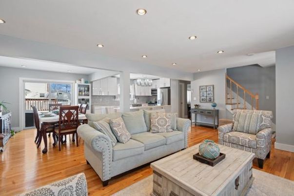 Chandelier, Dining room, Interior, Kitchen, Living room, Recessed Lighting, Stainless Steel Appliances, Wood Texture Flooring