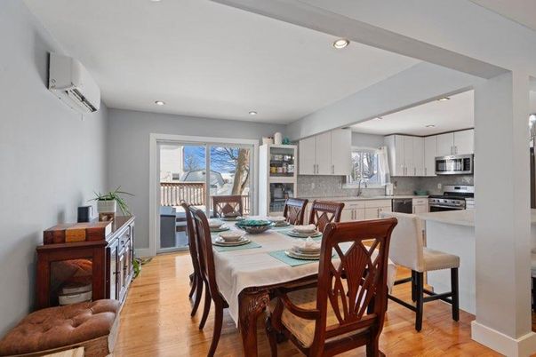 Dining room, Interior, Kitchen, Recessed Lighting, Stainless Steel Appliances, Wood Texture Flooring