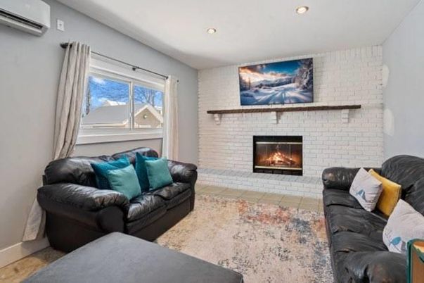 Fireplace, Interior, Living room, Recessed Lighting, Stone Walls