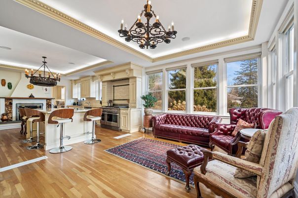 Chandelier, Interior, Kitchen, Living room, Recessed Lighting, Wood Texture Flooring