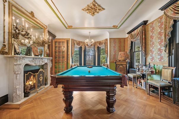 Billiard Table, Chandelier, Fireplace, Game Room, Interior, Wood Texture Flooring
