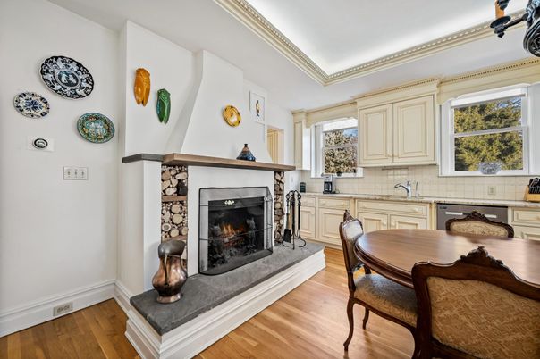 Fireplace, Interior, Kitchen, Wood Texture Flooring