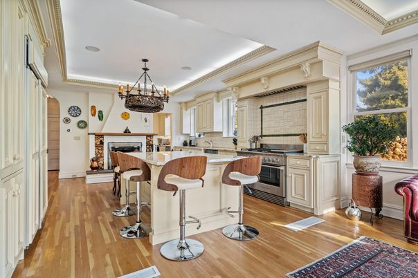 Chandelier, Interior, Kitchen, Recessed Lighting, Stainless Steel Appliances, Wood Texture Flooring
