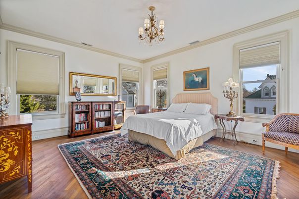 Bedroom, Chandelier, Interior, Wood Texture Flooring