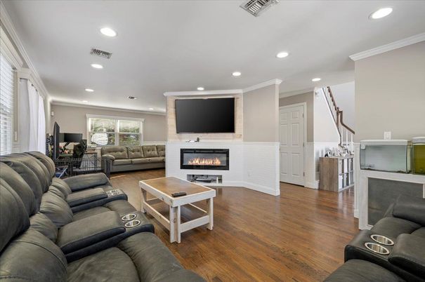 Fireplace, Interior, Living room, Recessed Lighting, Wood Texture Flooring