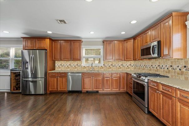 Interior, Kitchen, Recessed Lighting, Stainless Steel Appliances, Wood Texture Flooring