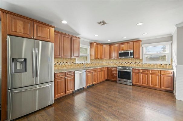 Interior, Kitchen, Recessed Lighting, Stainless Steel Appliances, Wood Texture Flooring