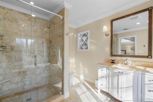 Bathroom, Glass Shower, Interior, Marble Walls, Recessed Lighting