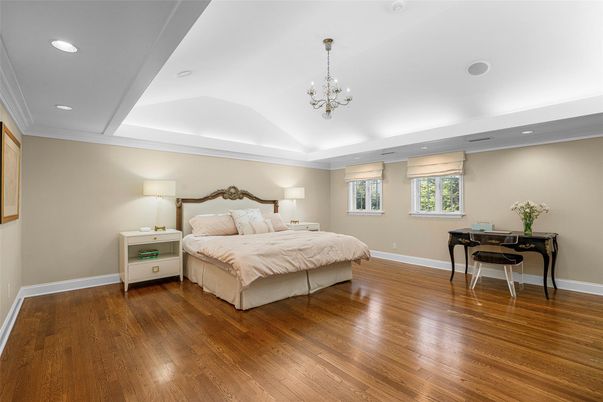 Bedroom, Chandelier, Interior, Recessed Lighting, Wood Texture Flooring