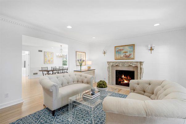Chandelier, Dining room, Fireplace, Interior, Living room, Recessed Lighting, Wood Texture Flooring